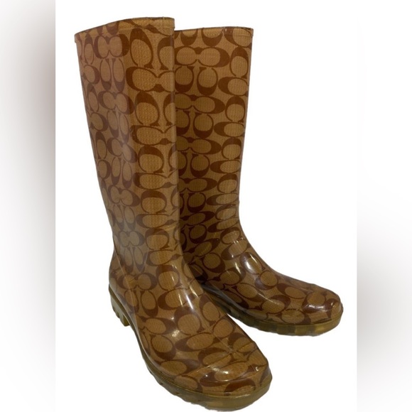 Coach Shoes - Coach Signature Tan Tall Rubber Rain Boots Women Size 9